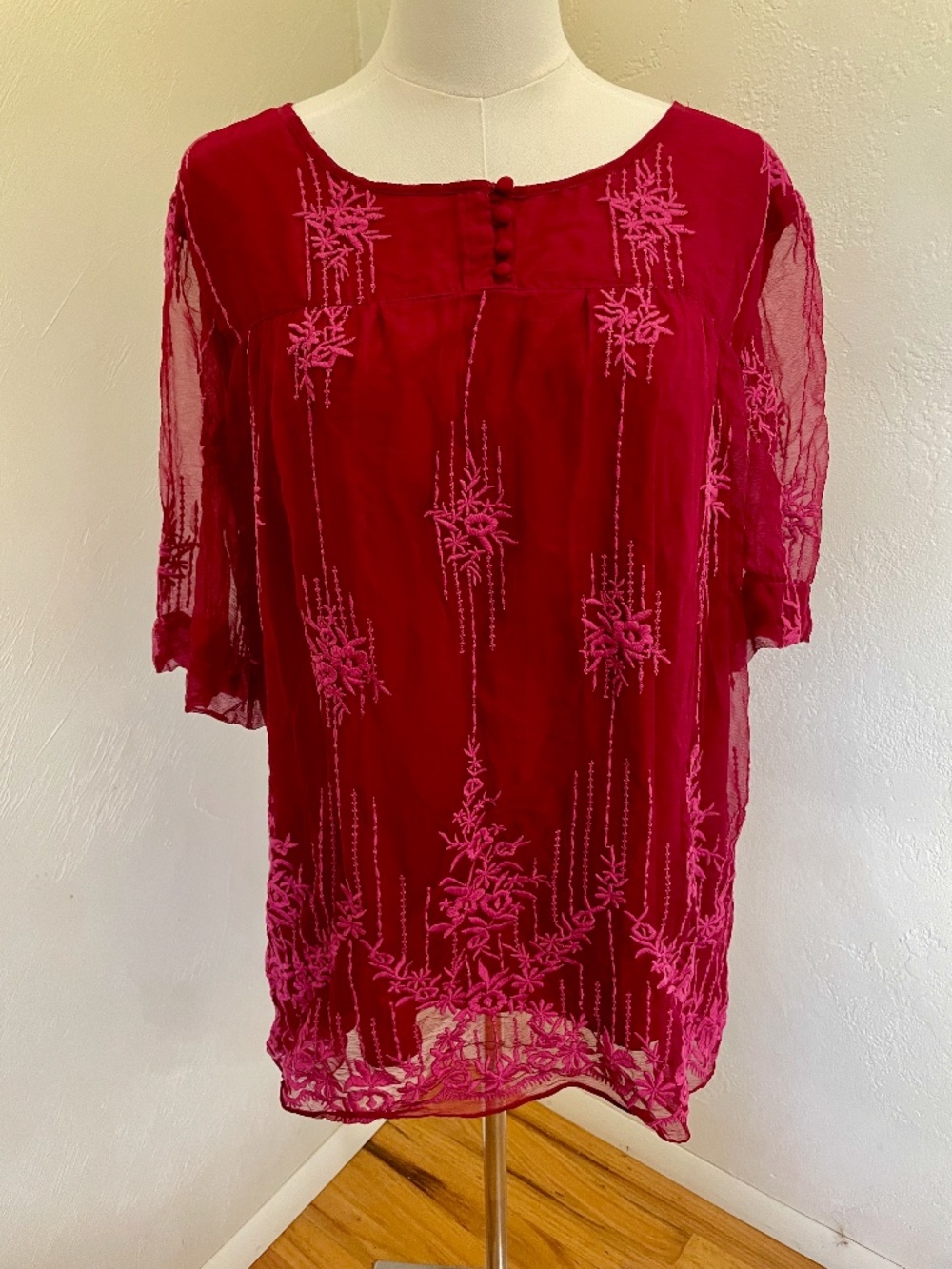 Sundance Cora Wineberry Embroidered Cupro Sheer Blouse XL